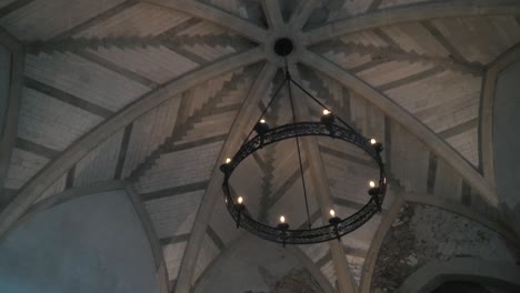 medieval church ceiling with chandelier