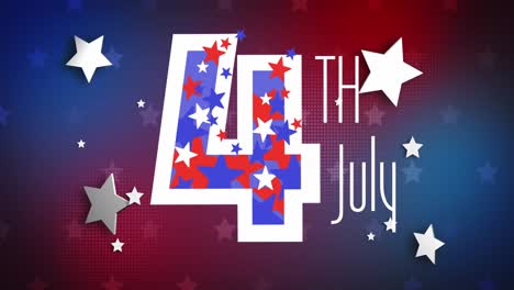 animation of 4th of july text, american independence day, with red, white and blue stars