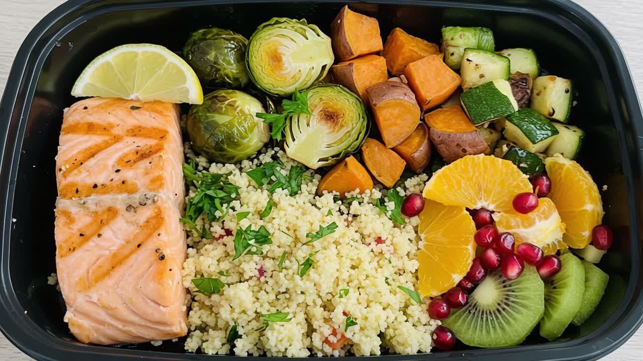 Colorful and Nutritious Salmon Meal Prep: A Delicious Combination of Grilled Salmon, Seasonal Vegetables, Couscous, and Fresh Fruits for a Balanced Diet