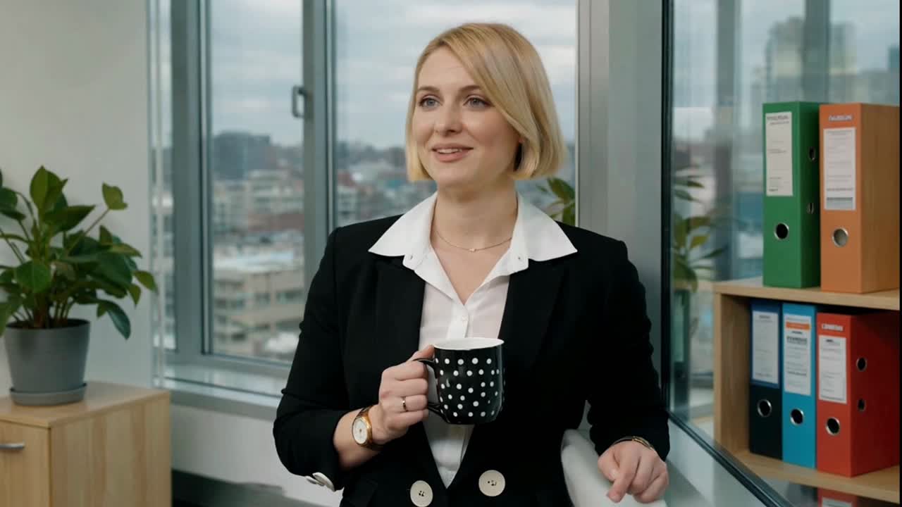 Focused Businesswoman Holding a Polka Dot Mug in a Modern Office