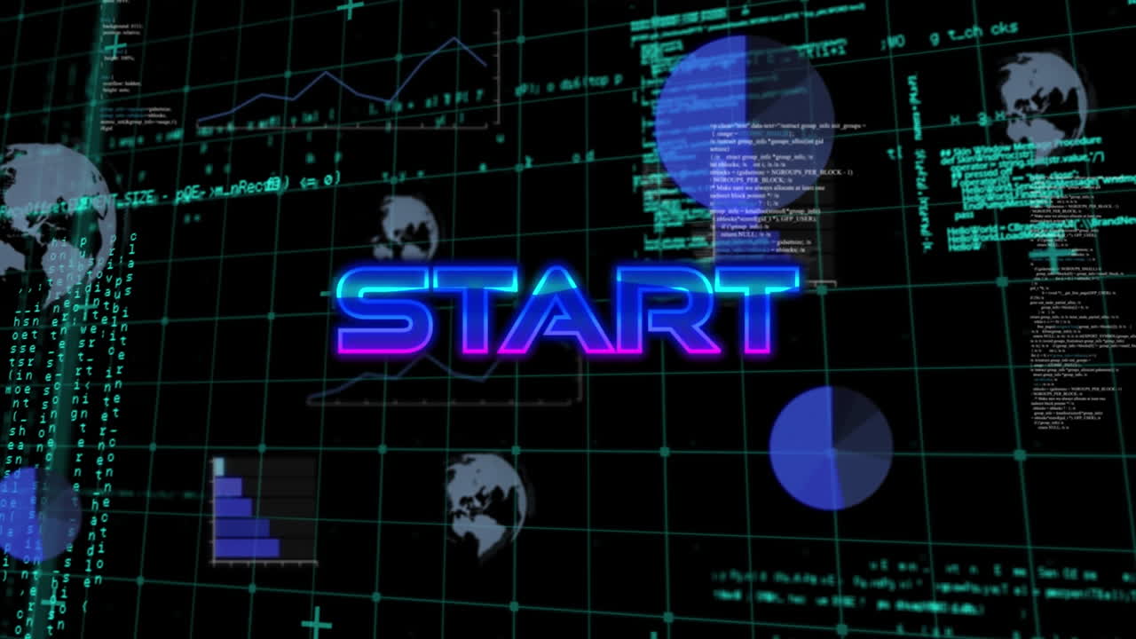 Animation of illuminated start text over computer language, globes, graphs on grid