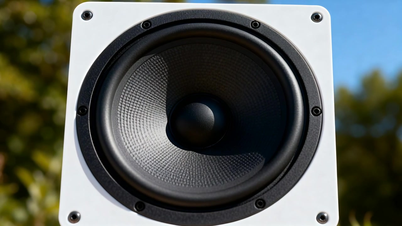 Trillende witte boekenplank luidsprekerkast die buiten reageert op muziek, met een bewegende zwarte woofer.
