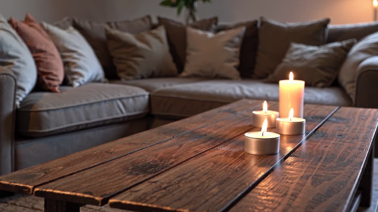 Cozy living room scene with lit candles on a rustic wooden table