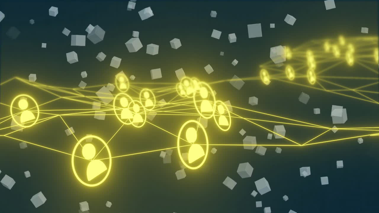 검은색 배경의 큐브 위에 있는 아이콘과 사람과의 연결 네트워크의 애니메이션