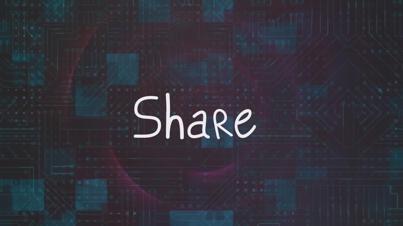 Animation of share text and data processing on black background