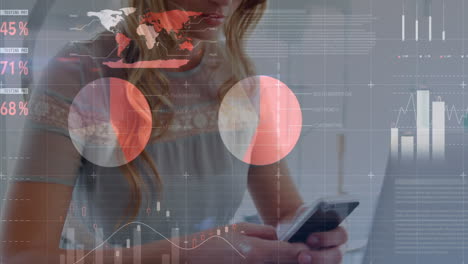 animación de estadísticas y procesamiento de datos sobre mujeres que usan teléfonos inteligentes