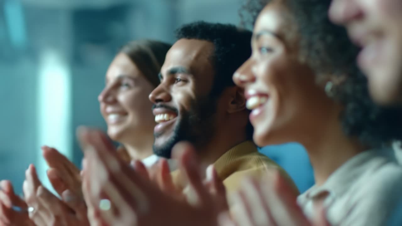 A Group of Smiling Individuals Applauding Enthusiastically, Capturing Joyful Moments of Celebration and Togetherness in a Social Environment