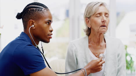 nurse, elderly woman and stethoscope for cough