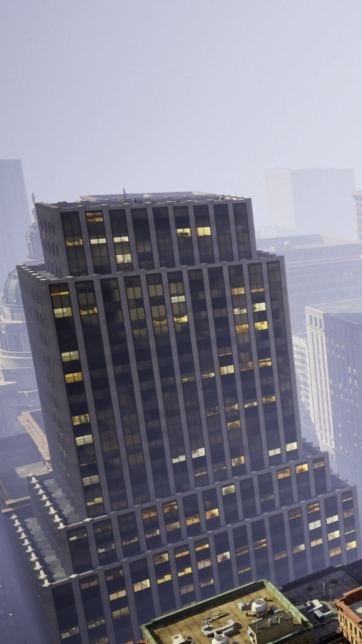 Modern building viewed from high angle in urban environment with fog