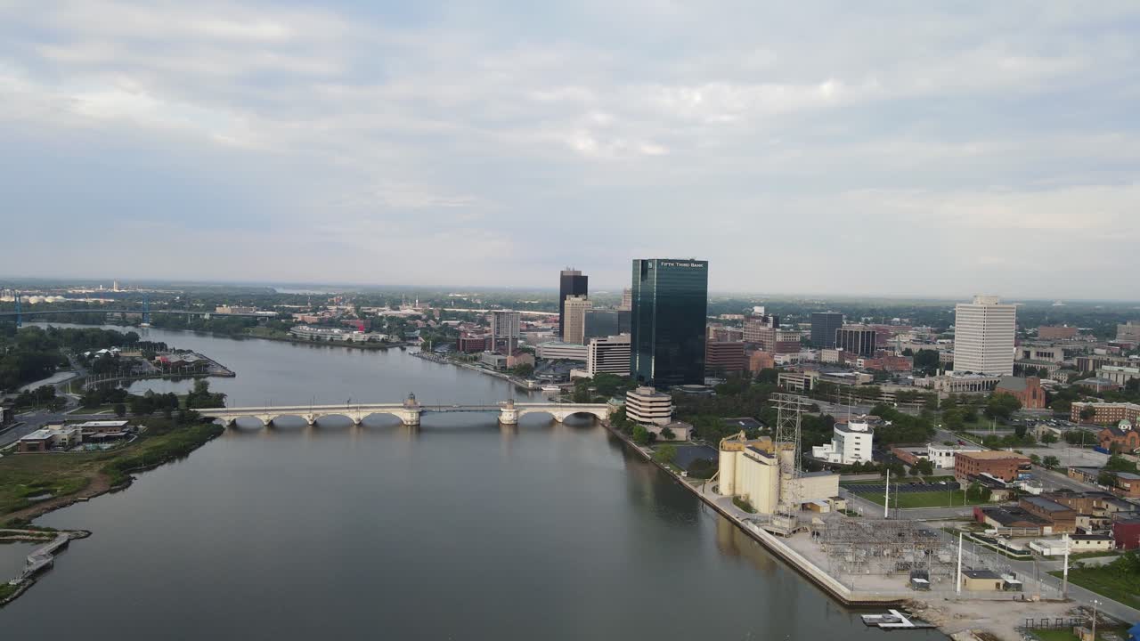 Beautiful downtown of Toledo city, Ohio, aerial drone ascend view