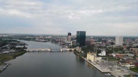 beautiful downtown of toledo city, ohio, aerial drone ascend view