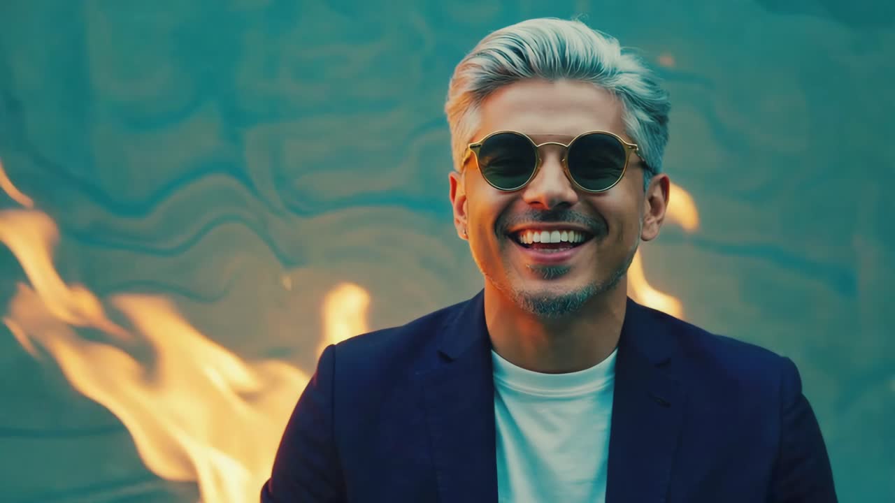 Smiling Man in Sunglasses with Fire Background
