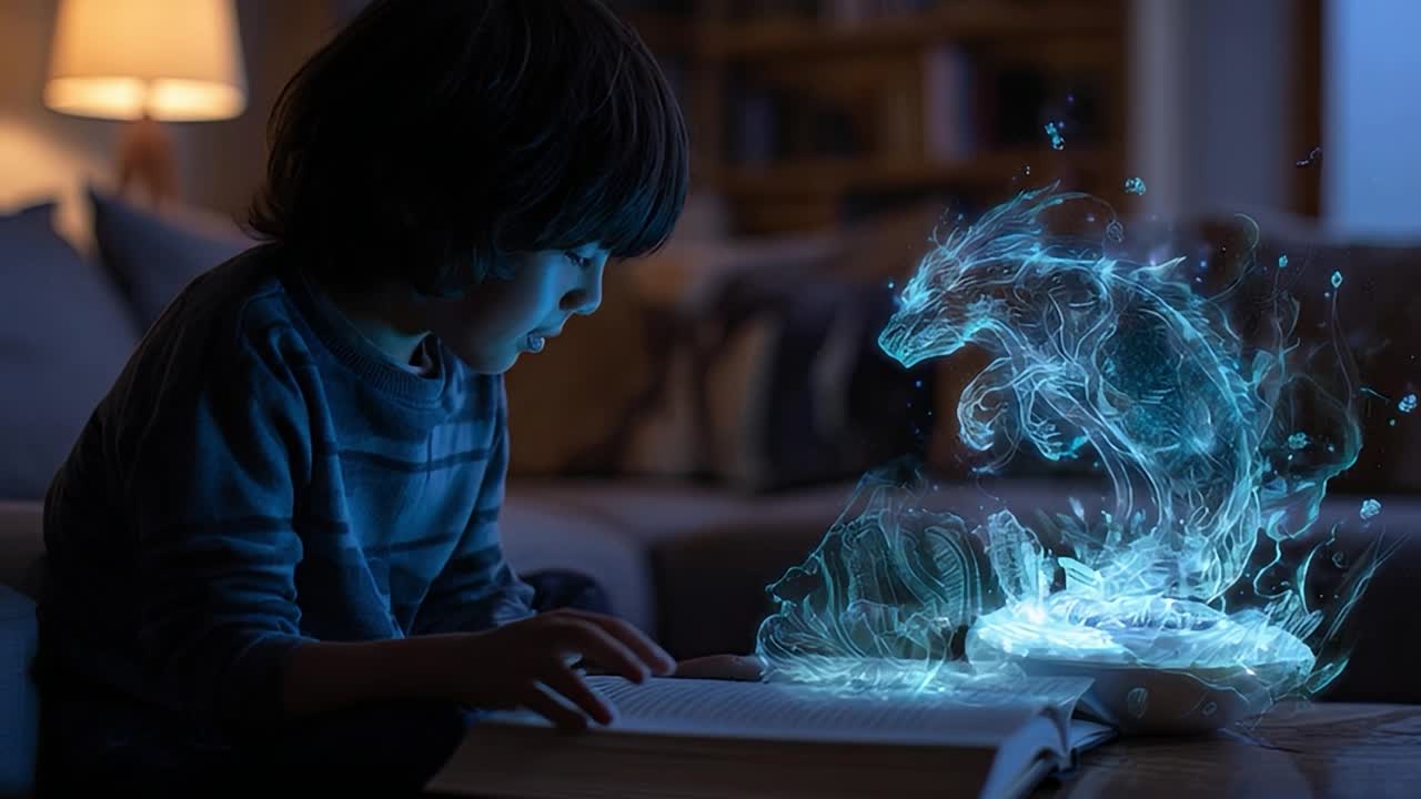 Criança lendo um livro com criaturas fantásticas brilhantes à noite