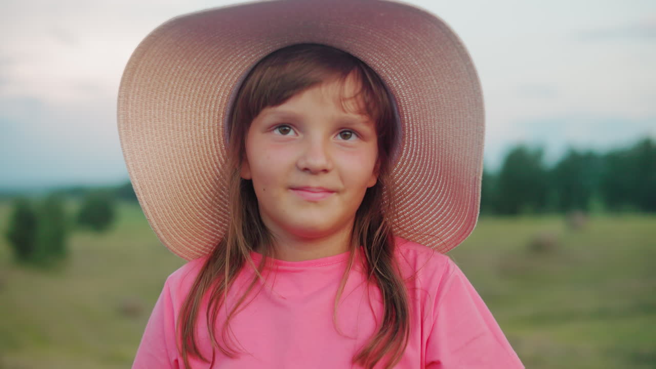 핑크색 옷을 입은 행복한 어린 소녀가 한 손가락으로  모자를 치며 따뜻하게 미소 짓고 있으며, 배경에는 울창한 초록색과 나무가 있으며, 즐겁고 조용한 시골 분위기를 만니다.