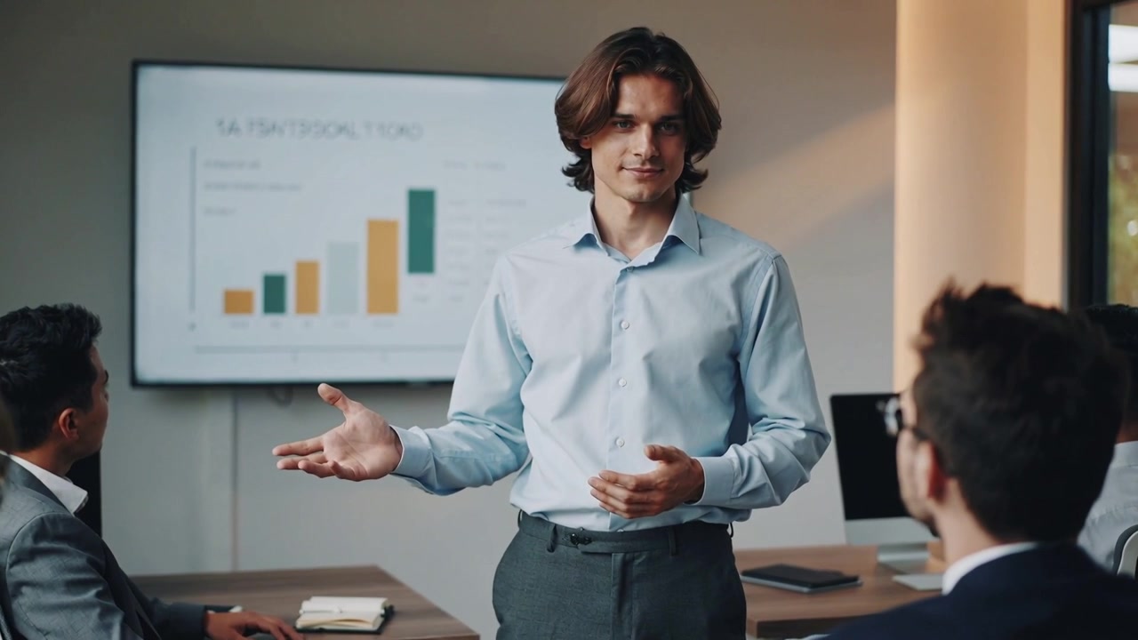 Opening arm, man in light blue shirt presenting and explaining rising bar chart in conference room