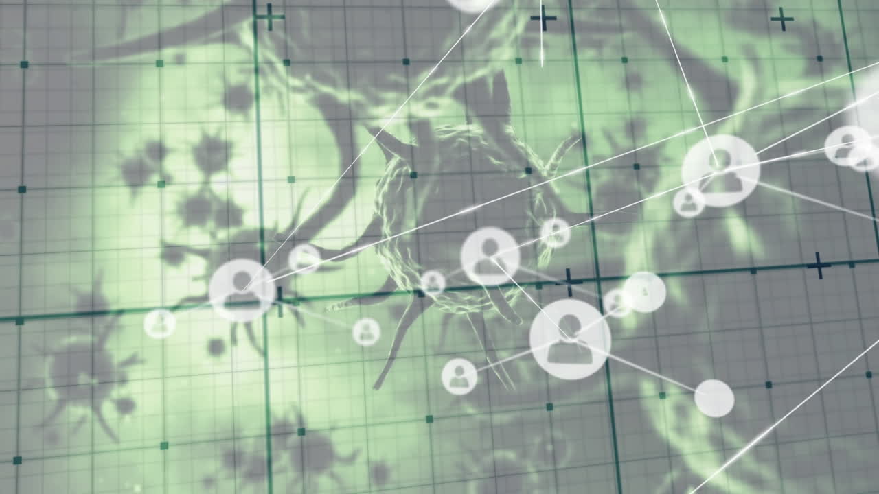 초록색 배경의 여러 코로나19 세포에 대한 그리드 네트워크에 대한 프로필 아이콘 네트워크