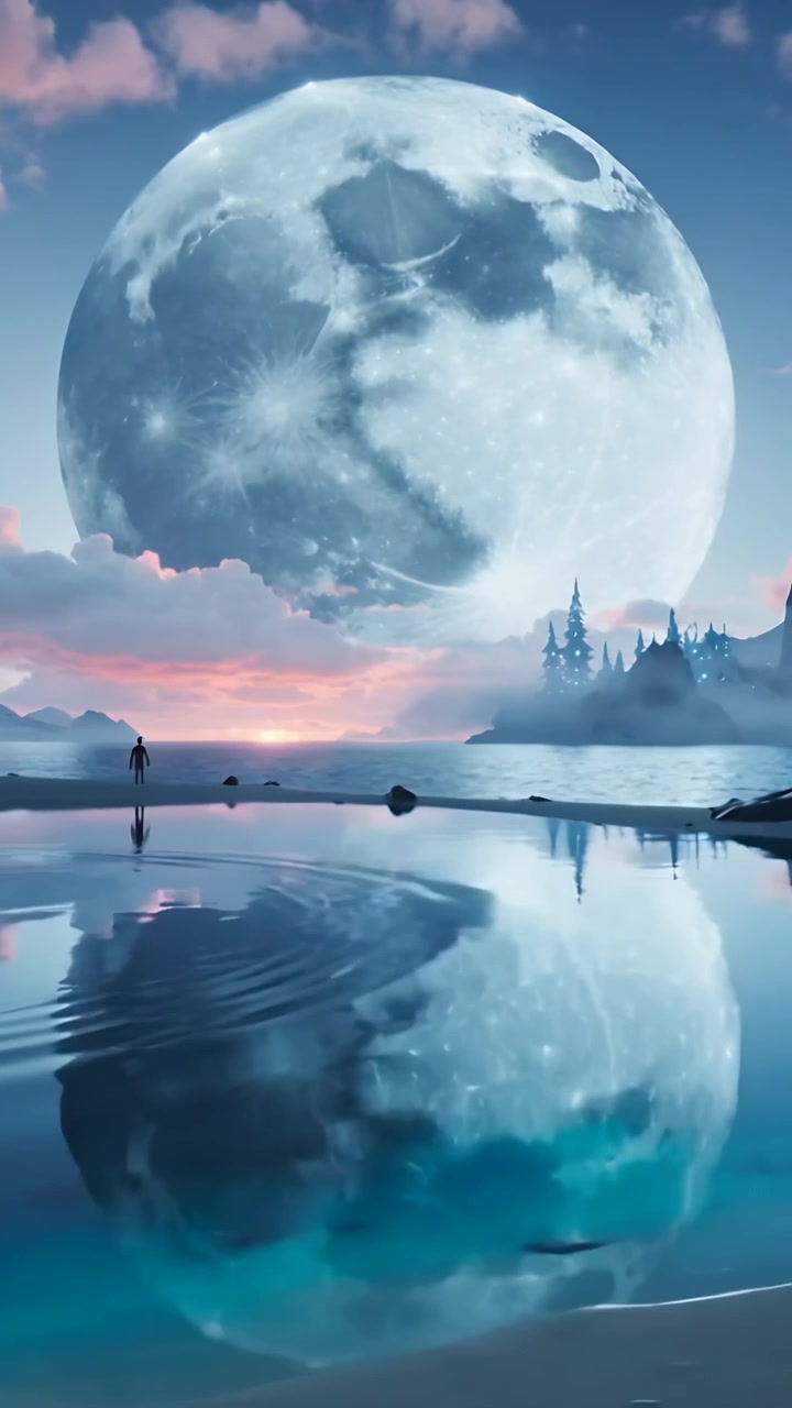 Video verticale: Figura che contempla una luna gigante riflessa sulle increspature di un'insenatura che si diffondono da uno schizzo
