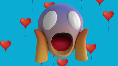 Animation-of-shocked-emoji-icon-with-red-heart-balloons-icons-on-blue-background