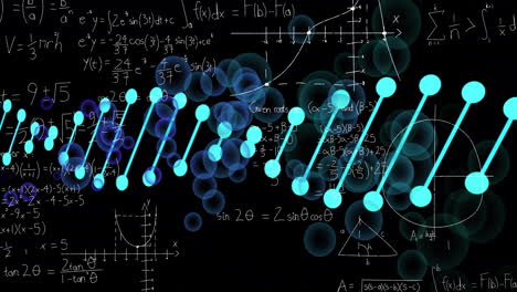 mathematical equations and graphs with dna strand animation over black background