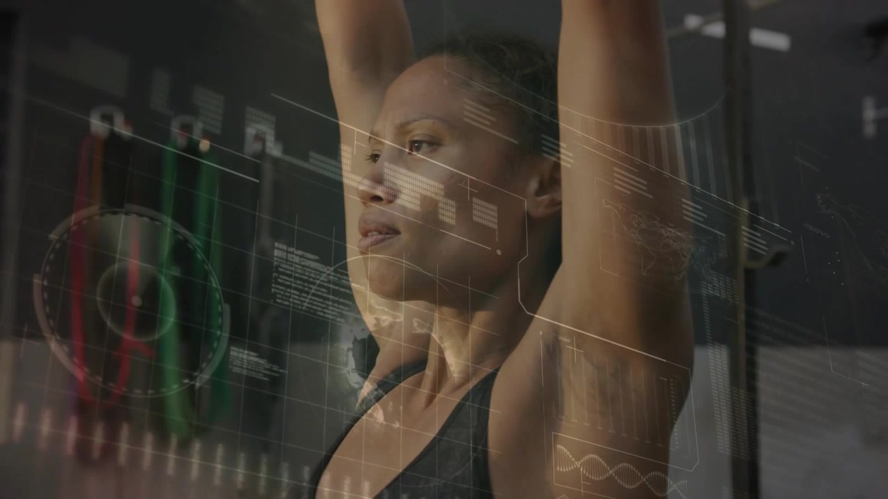 Woman performing overhead dumbbell press, lowering, starting rep for fitness, HUD overlay syncing