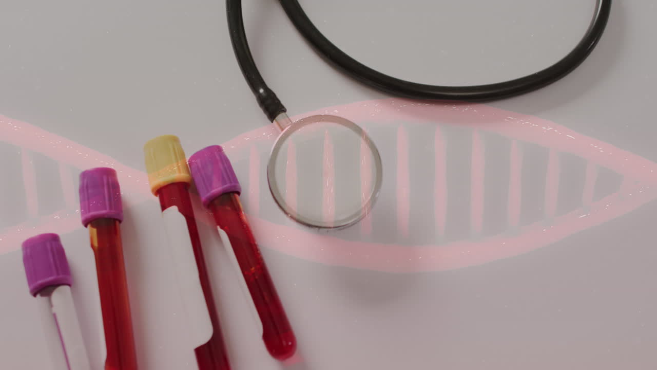 Animation of dna strand over test tubes and stethoscope