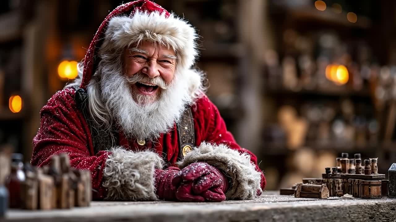 A man dressed as Santa Claus sitting at a table with a chess board