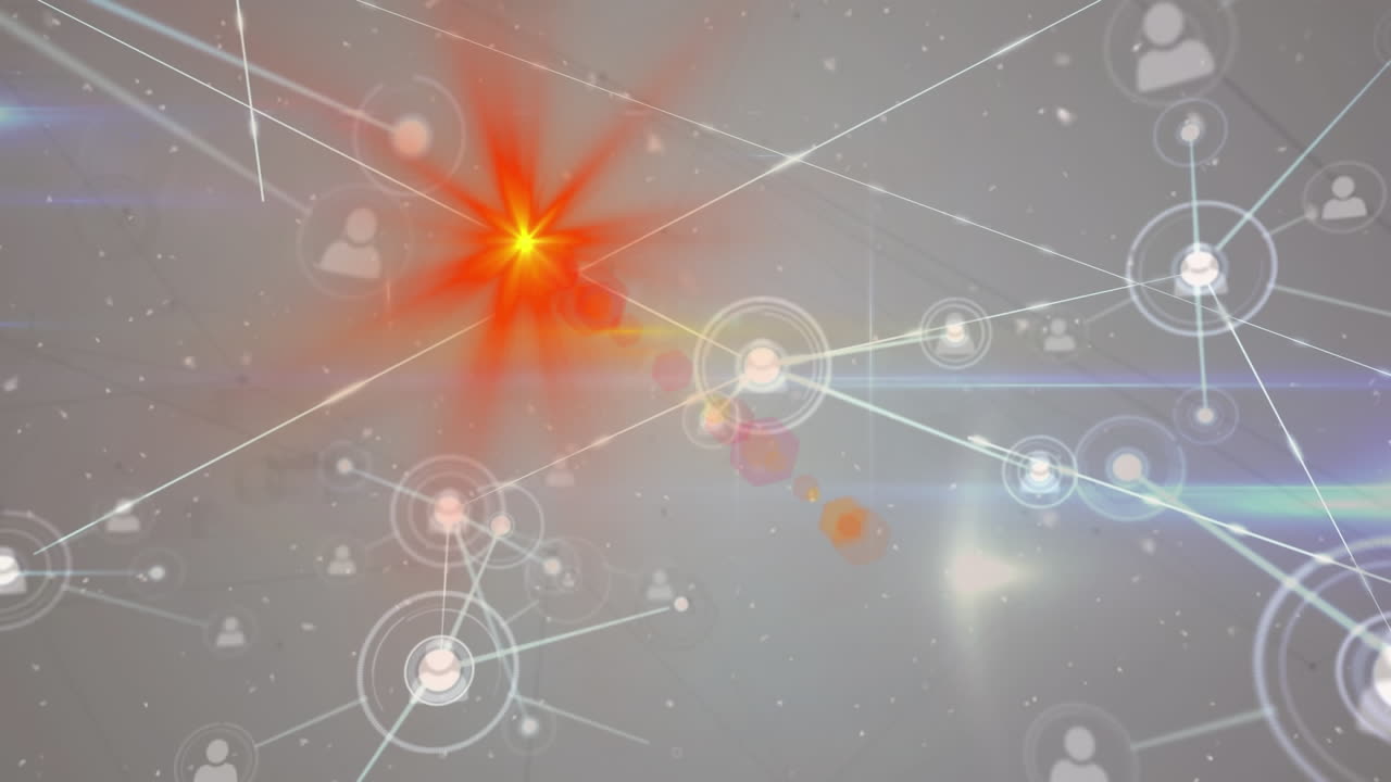 색 바탕에 빛의 흔적 위에 아이콘으로 연결 네트워크의 애니메이션