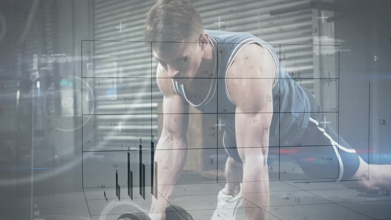 Man gripping dumbbells in plank and doing single-arm rows while fitness HUD overlay tracking reps
