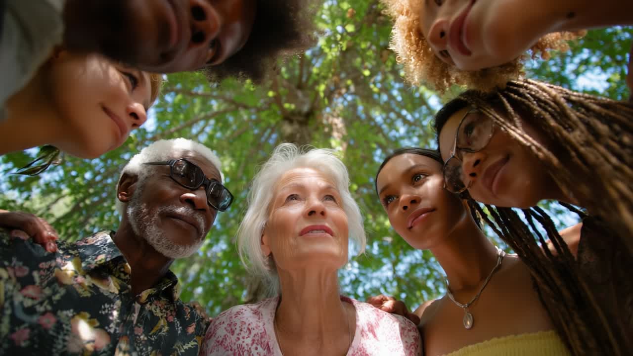 A diverse group of family and friends looking up at a tree