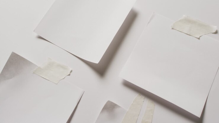 Video of close up of four white memo notes with copy space taped to white background