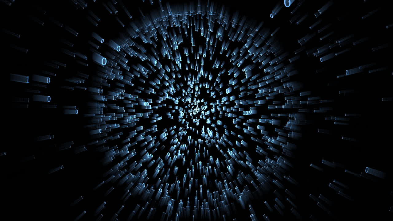 Flying digital Binary Numbers Form Rotating global Data sphere abstract