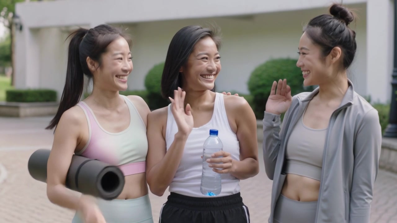 手を振りながら、3人の女性がワークアウト用のスポーツウェアを着て、ヨガマットと水筒を持って広場を歩いている。