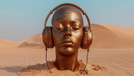 antiguas cabezas de piedra en un entorno desértico distópico con auriculares hechos con arte generativo