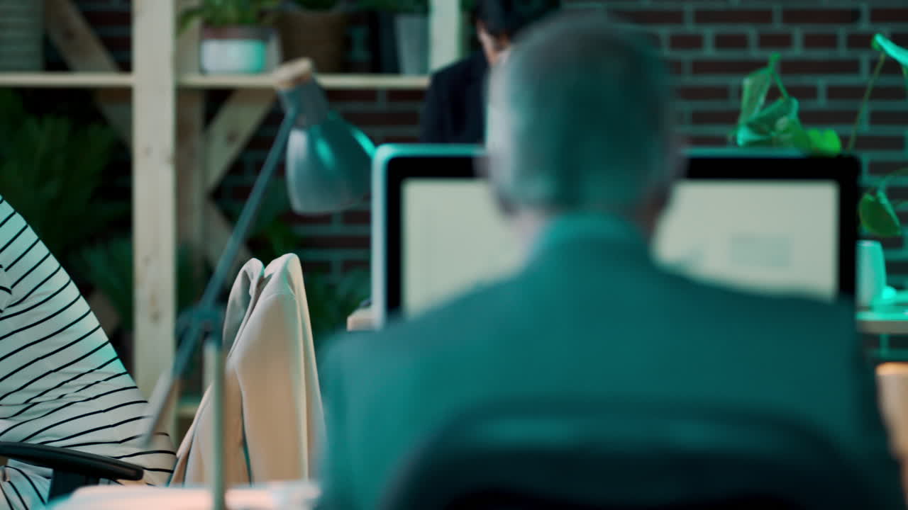 Office desk, worker and business people