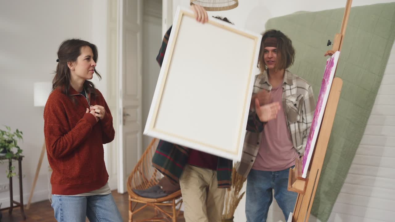 Friends Critiquing a Painting