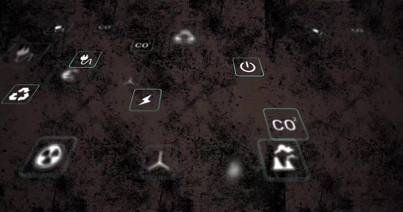 Vertikales Video: Kamerafahrt enthüllt schwebende Energie-Symbole, türkisfarbenes Leuchten markiert CO-Leistung, zeigt Daten.