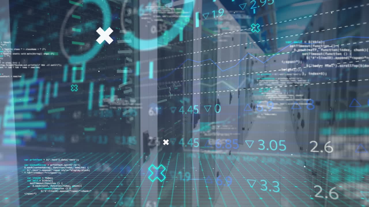 animación del procesamiento de datos y diagramas sobre la sala del servidor