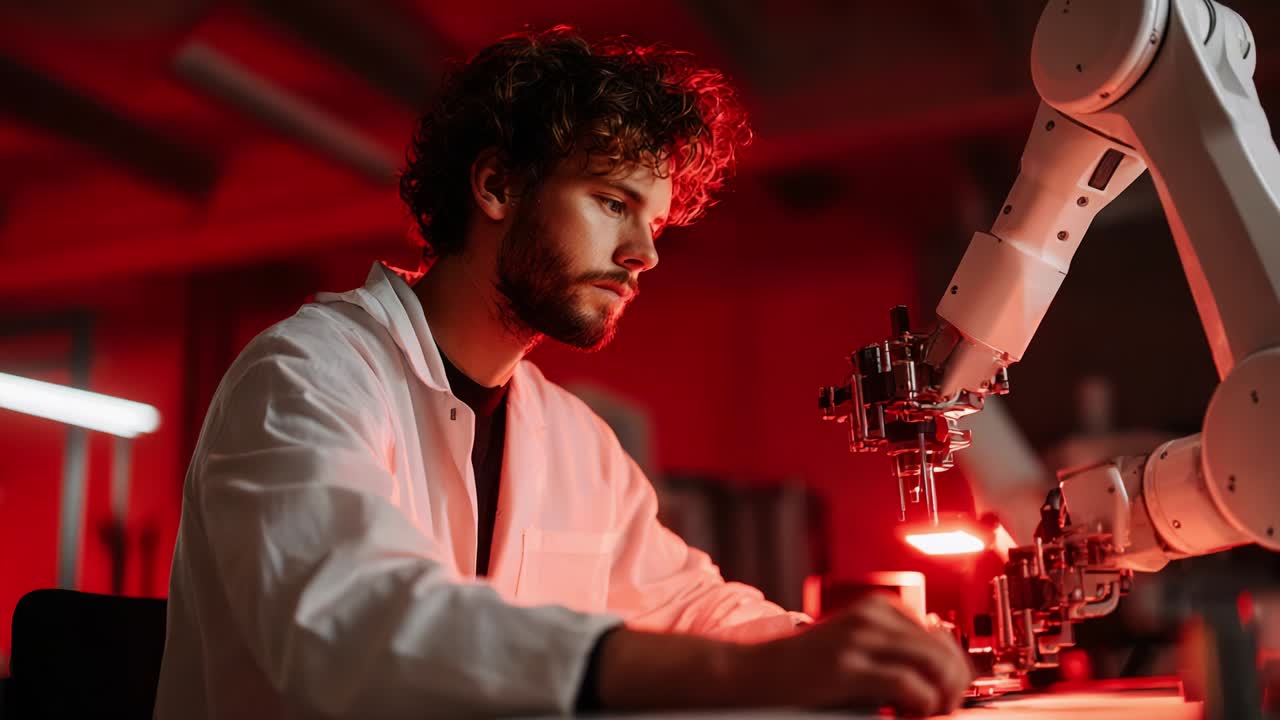 A focused scientist in a lab coat engages with a robotic arm in a strikingly lit laboratory, blending innovation and technology as red lighting enhances the futuristic ambiance of the workspace