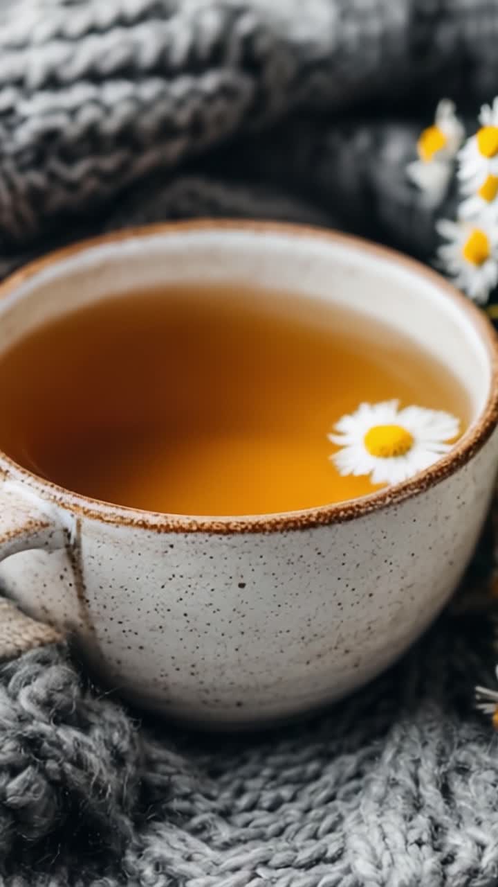 Una tazza accogliente di tisana con margherite, perfettamente posizionata su uno sfondo di maglia morbida per un'esperienza rilassante e invitante.