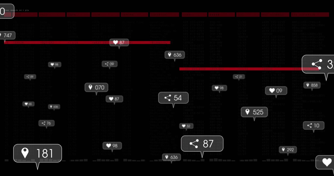 Pin and share icons fading in while red bars extending across dark UI indicating engagement updates