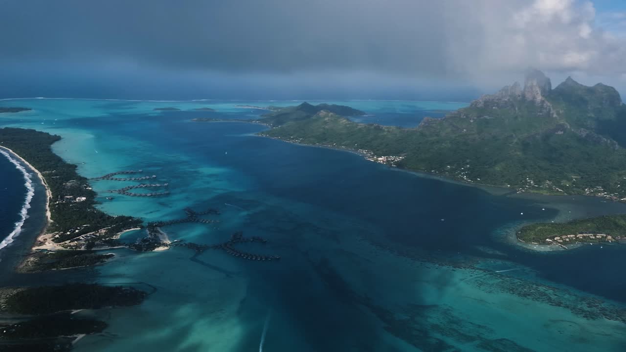 Bora Bora Island French Polynesia View From Airplane Flying Above Lagoon and Motu Islets