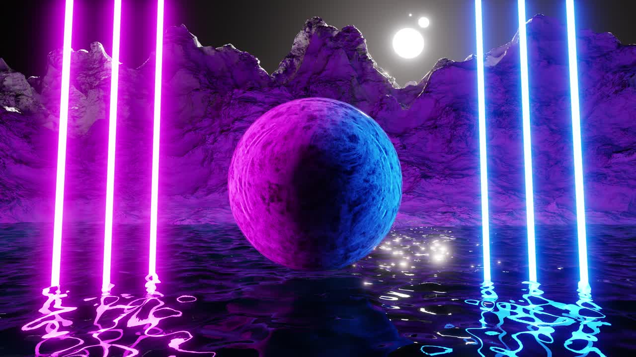 Modern futuristic neon abstract background. Planet in the center between neon laser. 3d render