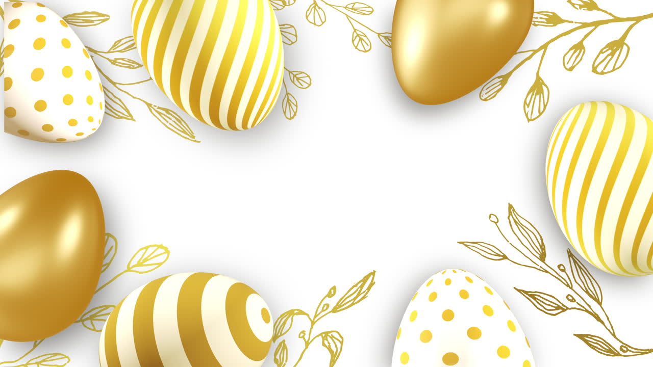 Set of Easter eggs with different texture on a white background plant ornament. Happy Easter background. Realistic looped 3D animation.