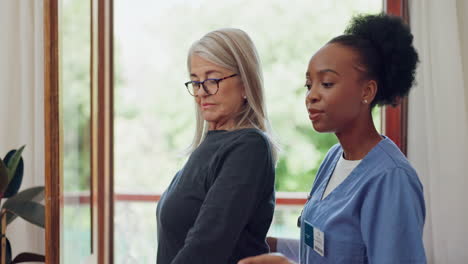 nurse, senior woman and stretching