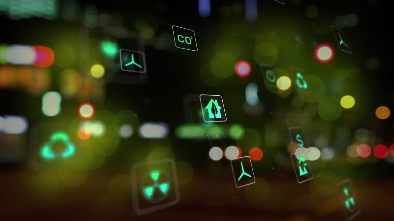 animación del icono en la plaza sobre las bengalas de la lente y los vehículos borrosos en la calle de la ciudad