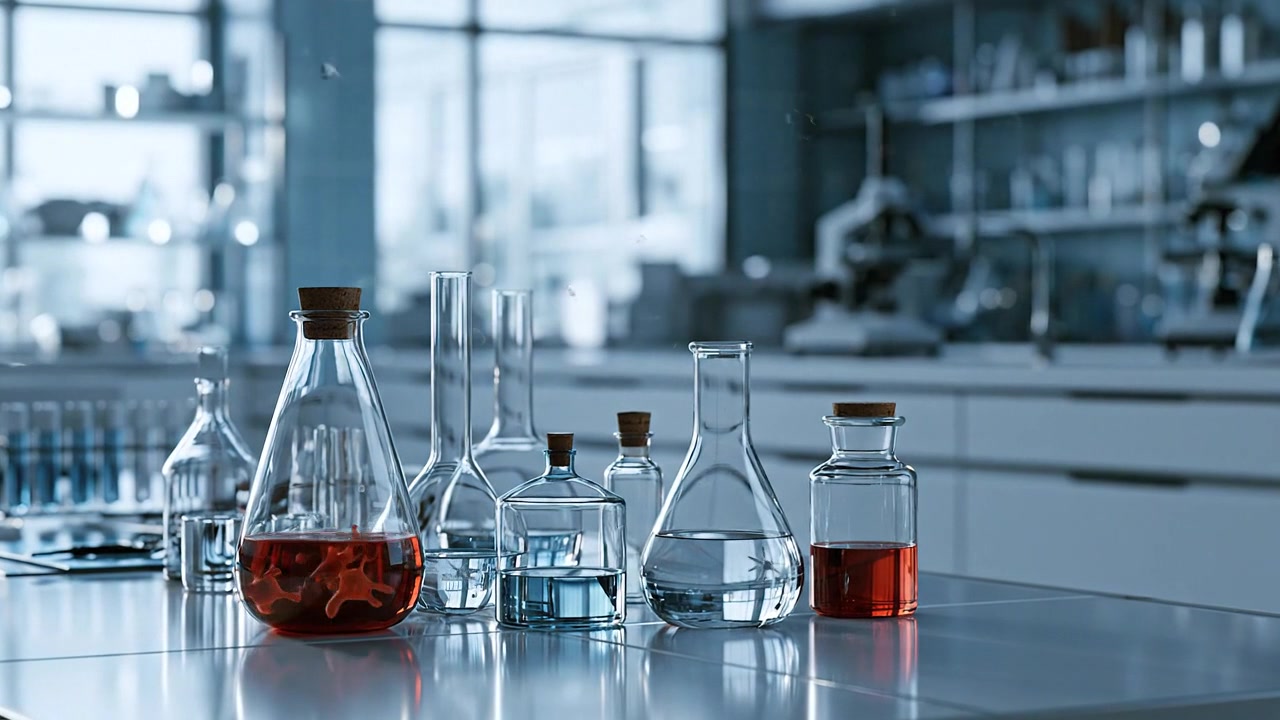 Laboratory glassware containing colored liquids on a clean scientific bench