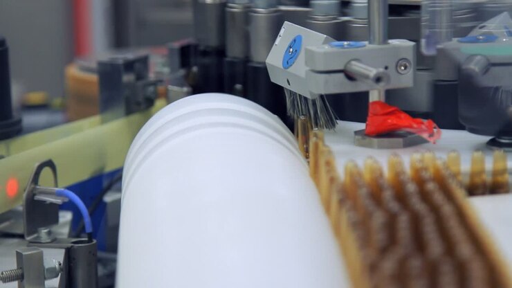 Medical vials on production line. Medicine ampoules factory line
