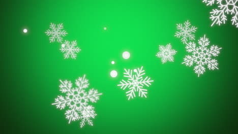 copos de nieve blancos y brillos cayendo en gradiente verde