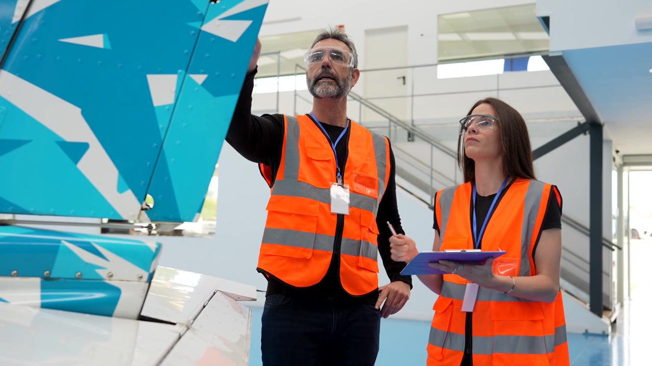 Engenheiros Aeronáuticos Inspecionando uma Aeronave em um Hangar