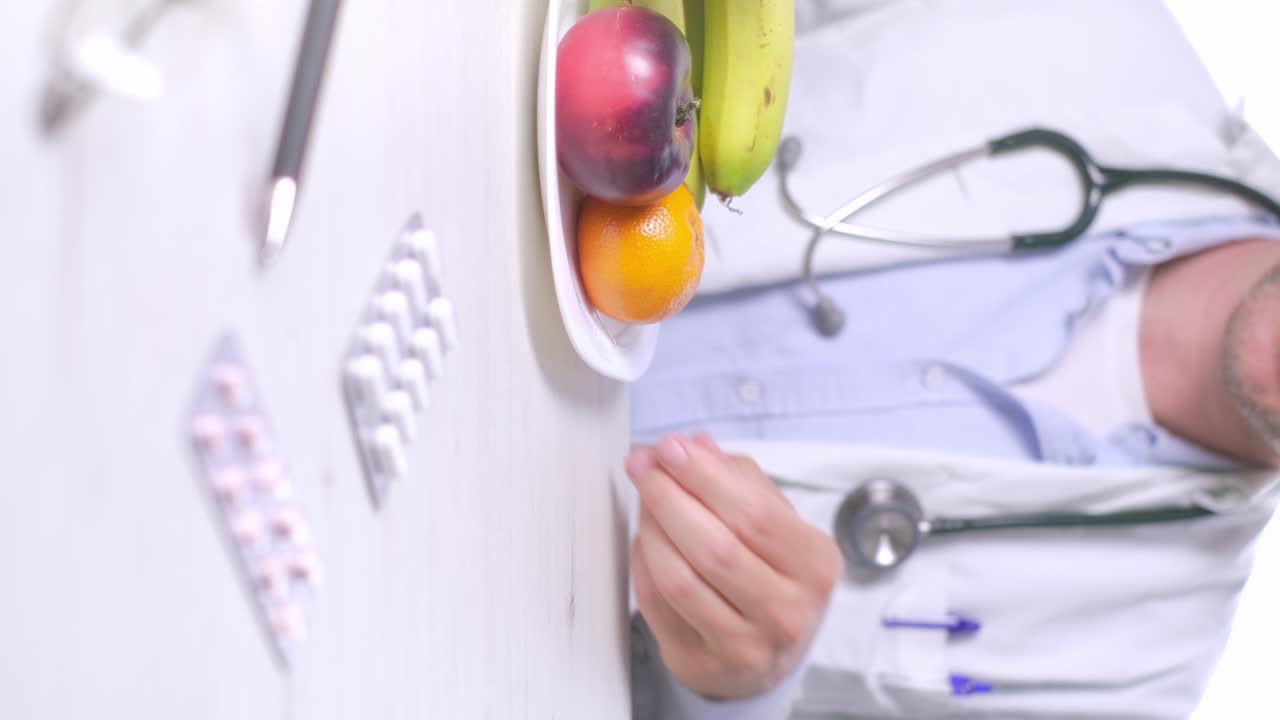 video vertical, el médico pone a un lado el plato de pasteles y muestra el plato de frutas, concepto de dieta